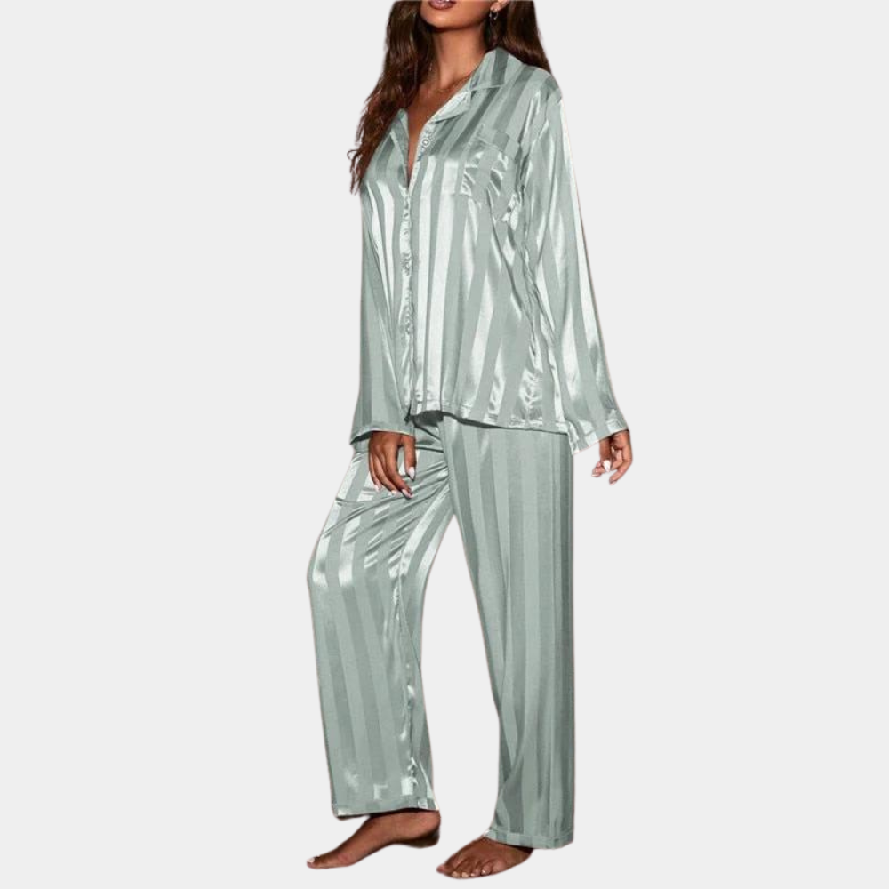 Women's satin pajama set long-sleeve button-up shirt elastic waist pants luxurious sleepwear