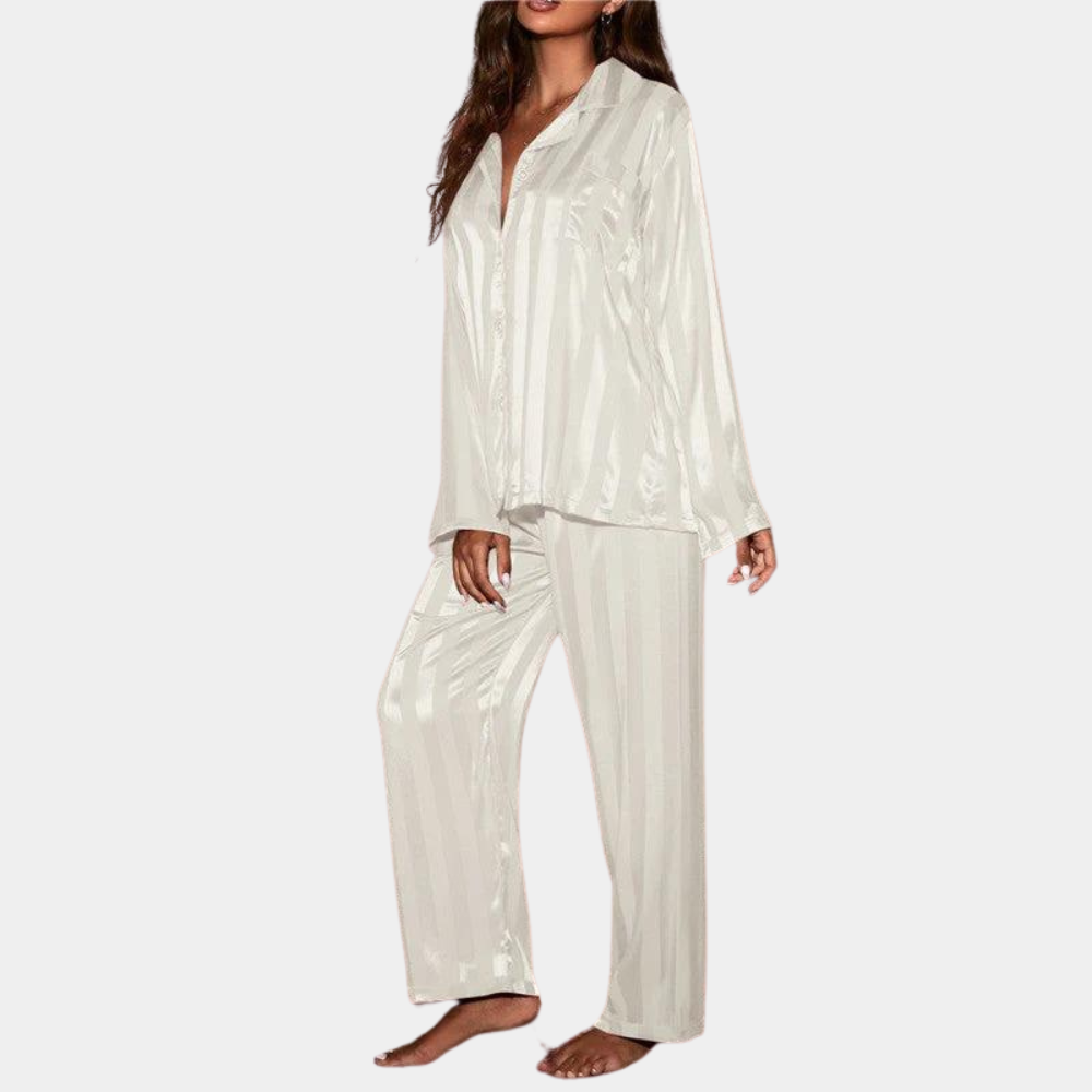 Women's satin pajama set long-sleeve button-up shirt elastic waist pants luxurious sleepwear