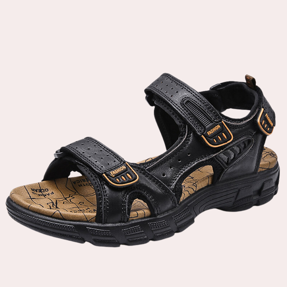 Men's brown PU leather adjustable strap sandals with shock-absorbing sole for outdoor comfort