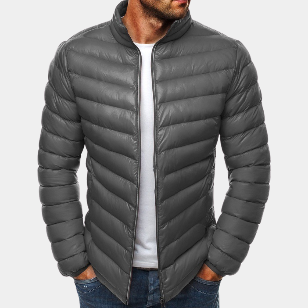 Men's slim fit quilted puffer jacket windproof high collar lightweight nylon navy blue
