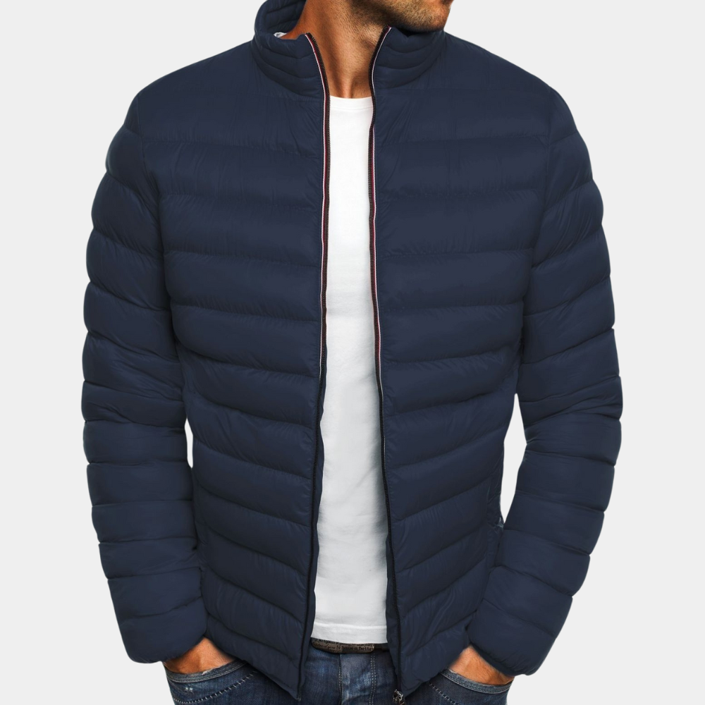 Men's slim fit lightweight quilted puffer jacket windproof high collar navy blue Wavlynn