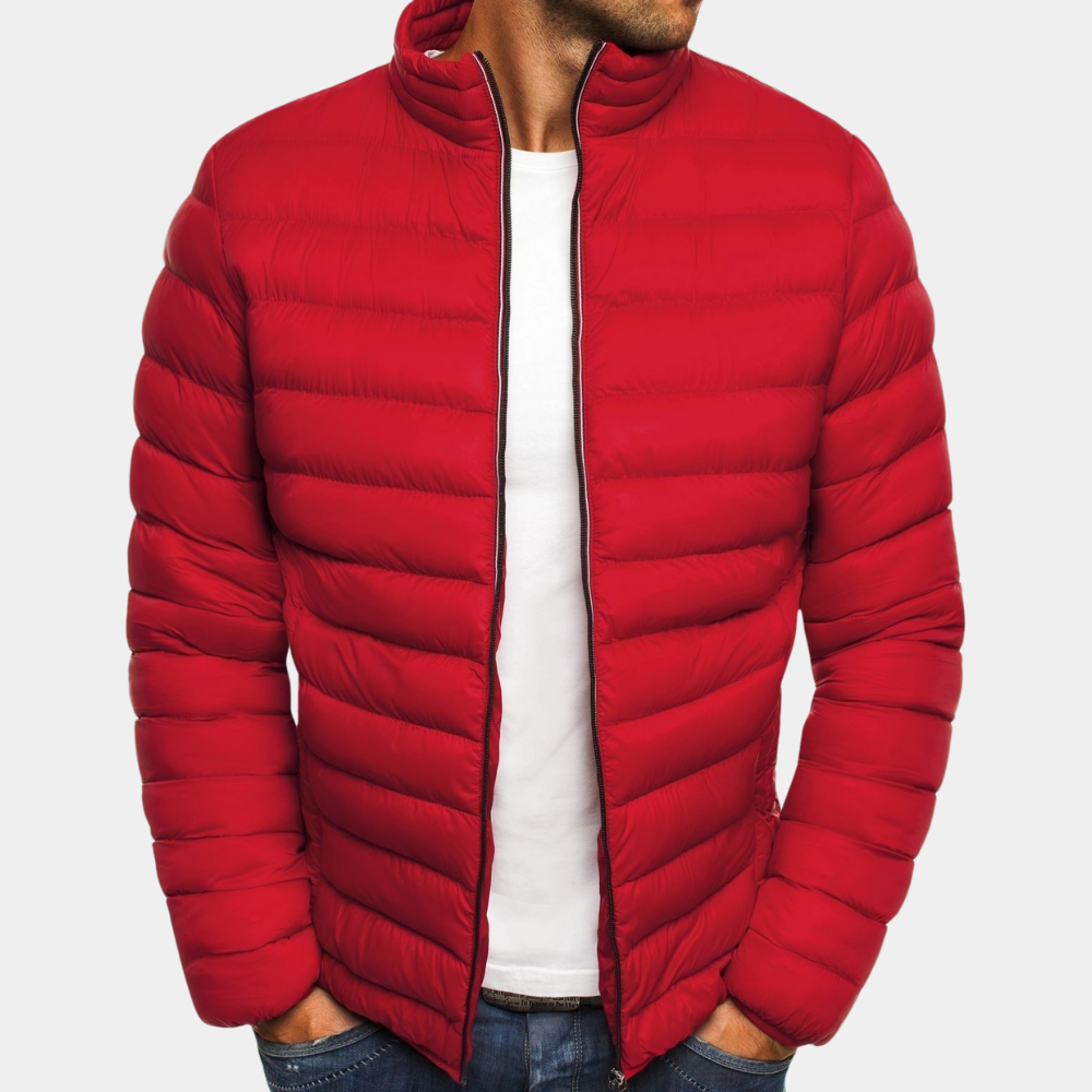 Men's slim fit quilted puffer jacket windproof high collar lightweight nylon navy blue