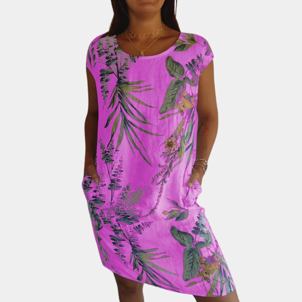 Women's relaxed fit short sleeve round neck dress with vibrant flower and leaf print pattern