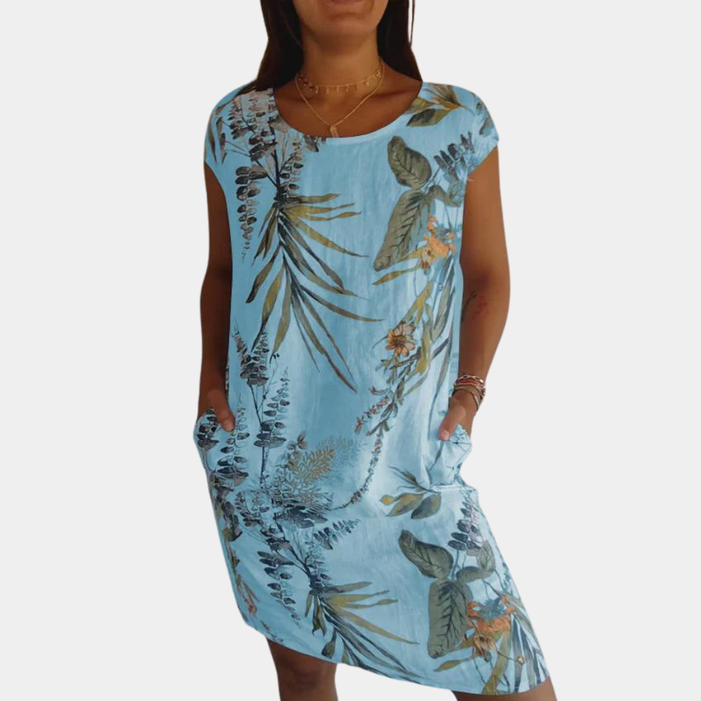 Women's relaxed fit floral leaf print dress, round neck short sleeves, breezy summer casual silhouette