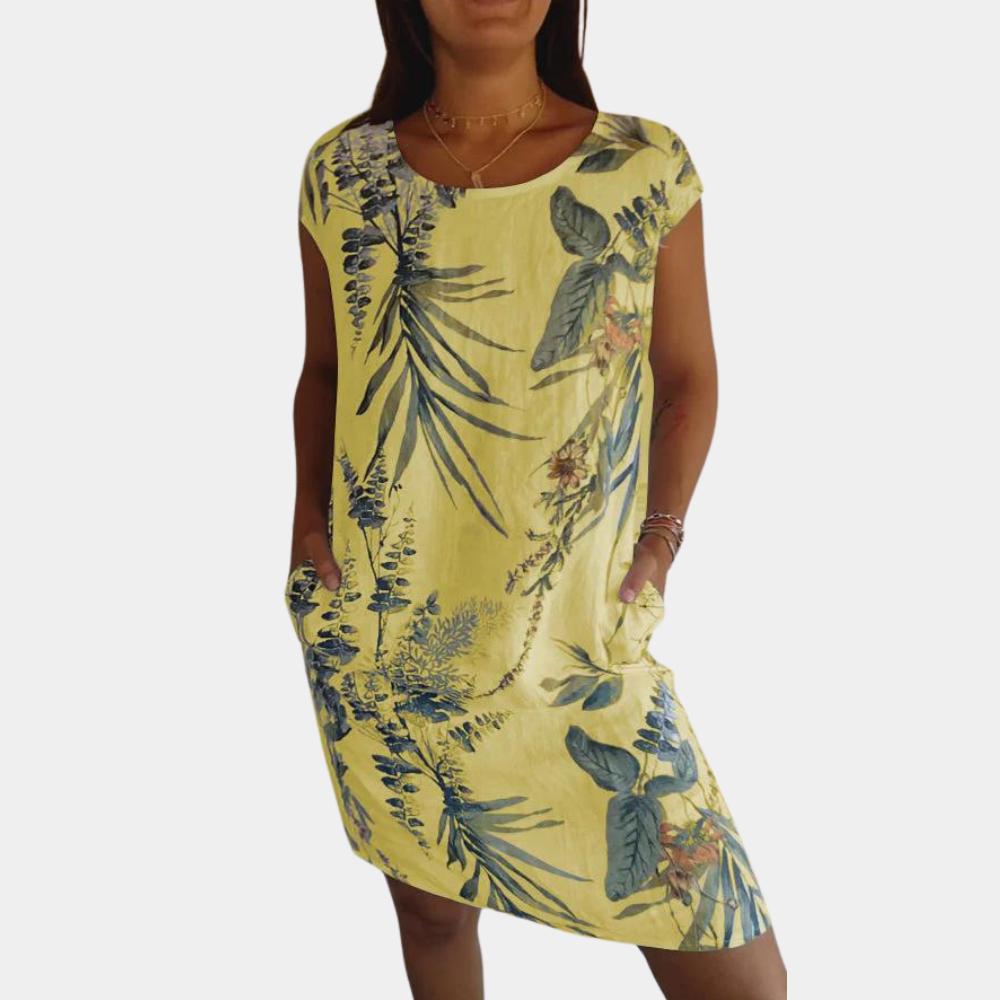 Women's relaxed fit floral leaf print dress short sleeves round neck summer casual multicolor