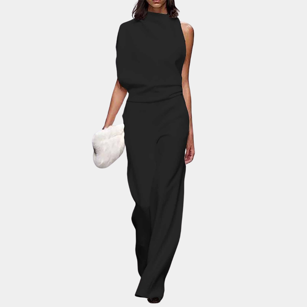 Women's sleeveless high-neck jumpsuit with elegant asymmetrical drape, modern sophisticated style
