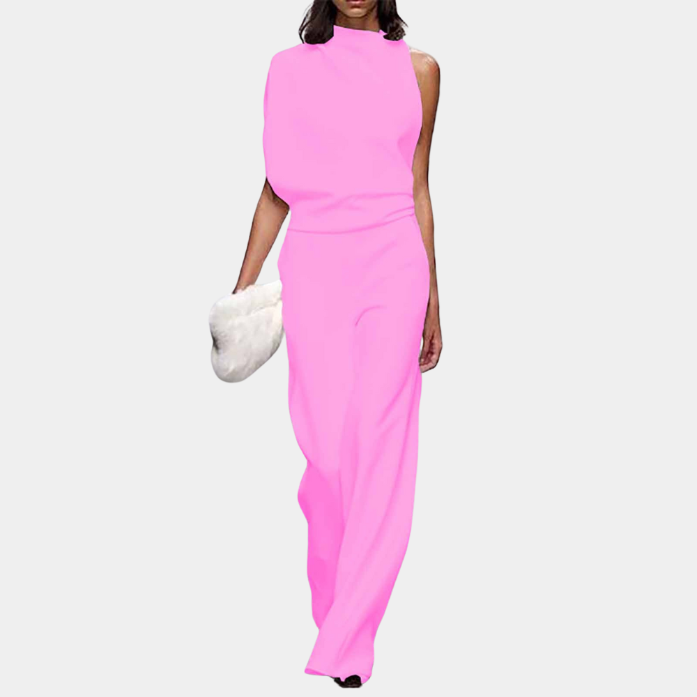 Women's sleeveless high-neck jumpsuit in elegant drape with asymmetrical hem detail