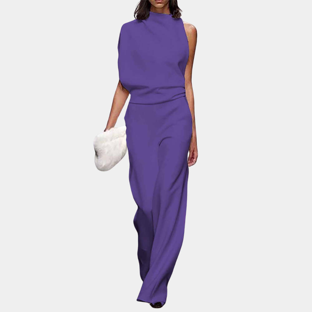 Women's sleeveless high-neck jumpsuit with asymmetrical drape detail, elegant minimalist style