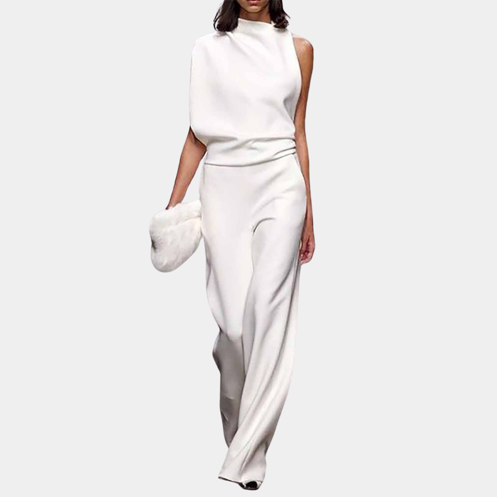Women's sleeveless high-neck jumpsuit with asymmetrical drape in elegant minimalist style