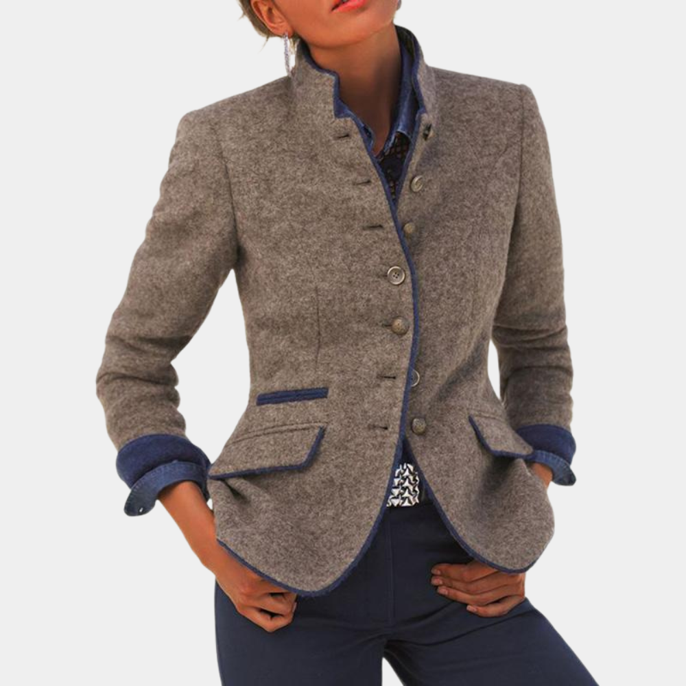 Women's tailored blazer textured fabric mandarin collar button closure slim fit professional style