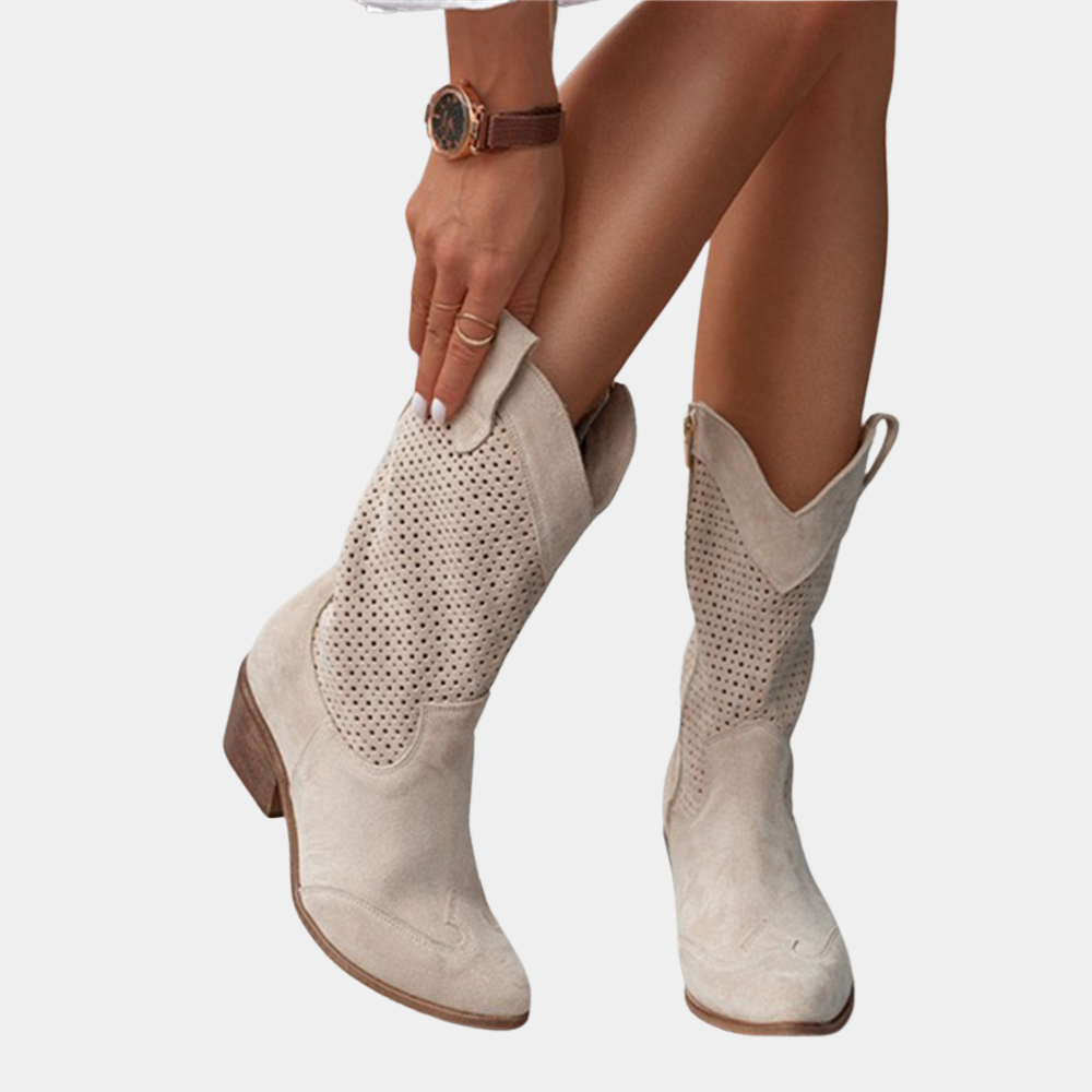 Natalie brown leather cowboy boots comfort support Western style low heel ankle design