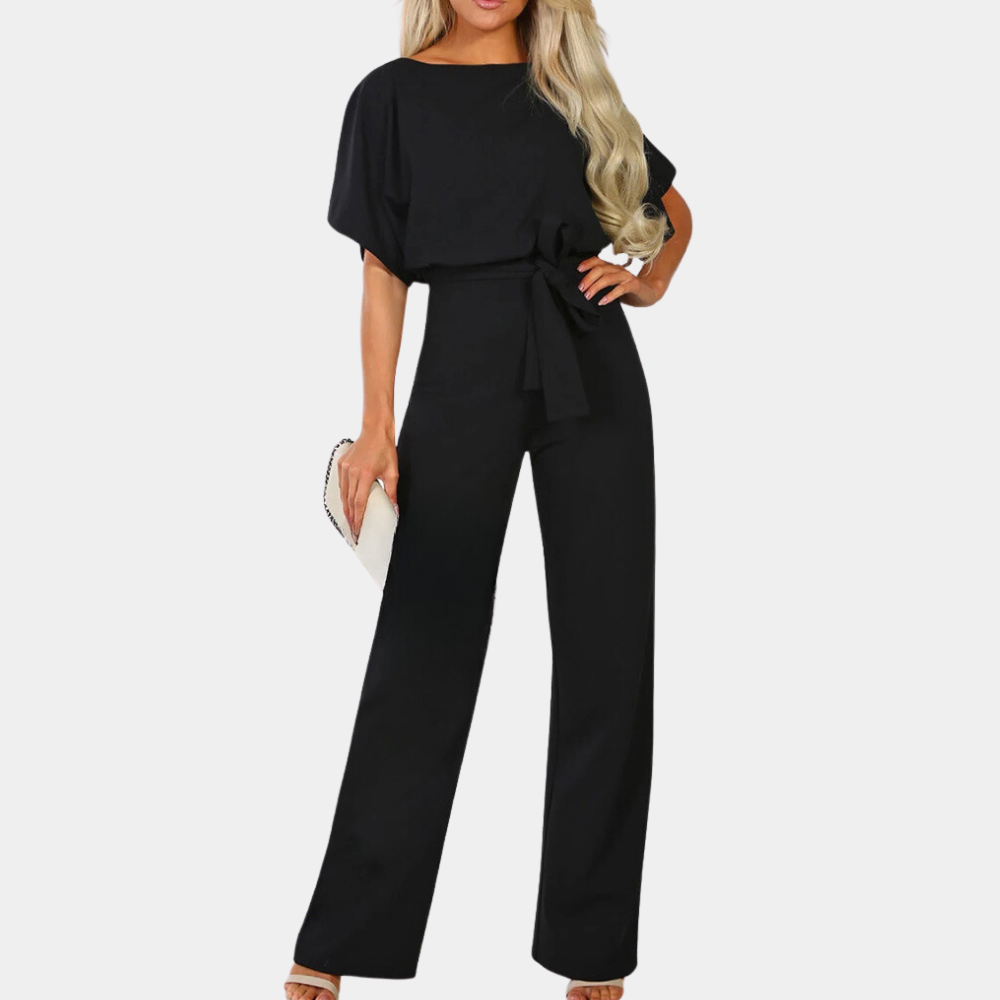 Women's loose fit jumpsuit with batwing sleeves, waist belt, lightweight breathable fabric for spring