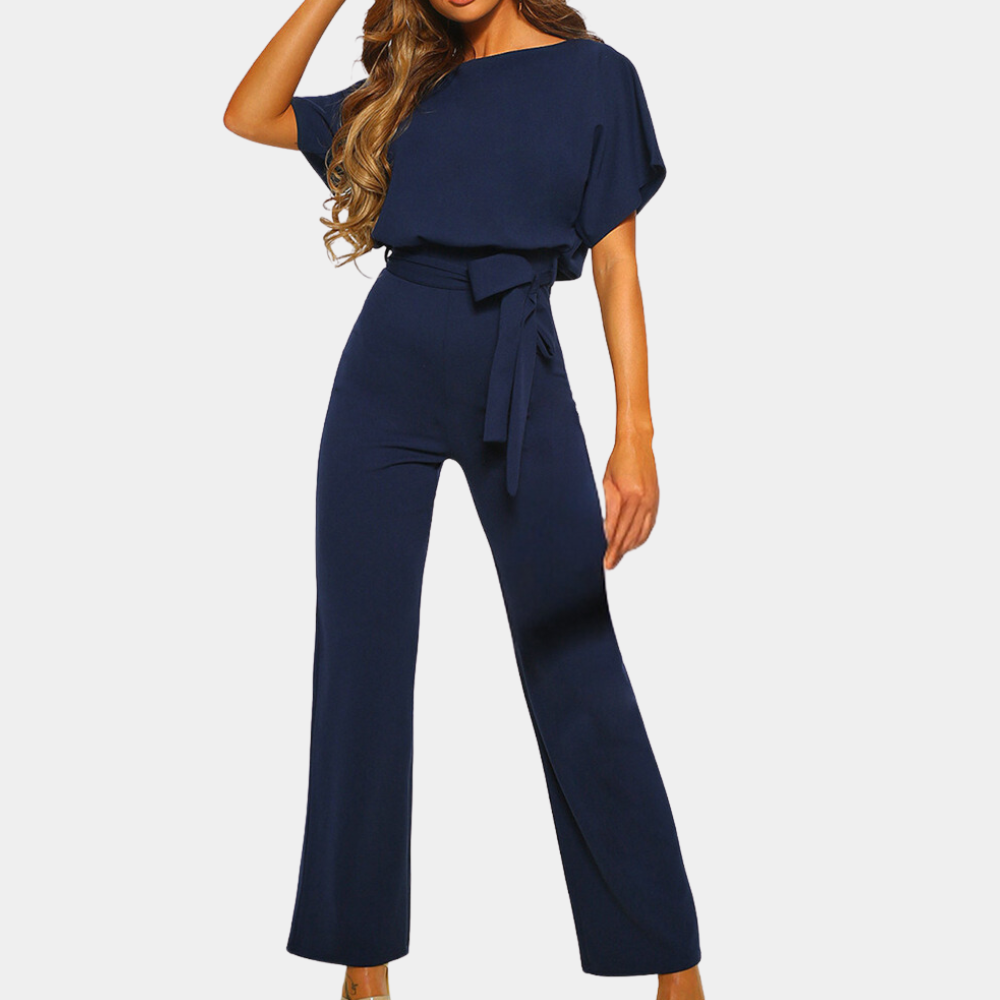 Women's loose fit batwing sleeve jumpsuit in lightweight fabric with waist belt, casual chic style