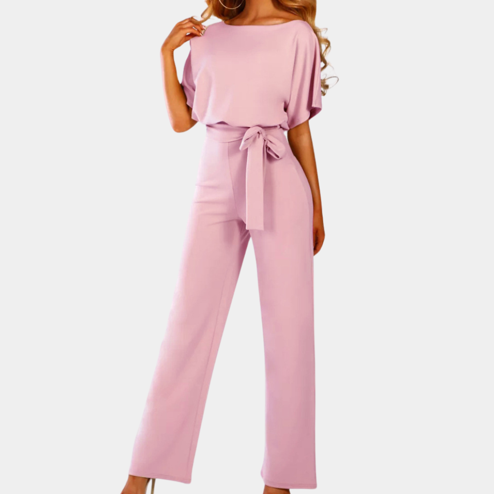 Women's loose fit batwing sleeve jumpsuit in lightweight fabric with waist belt, effortless spring style