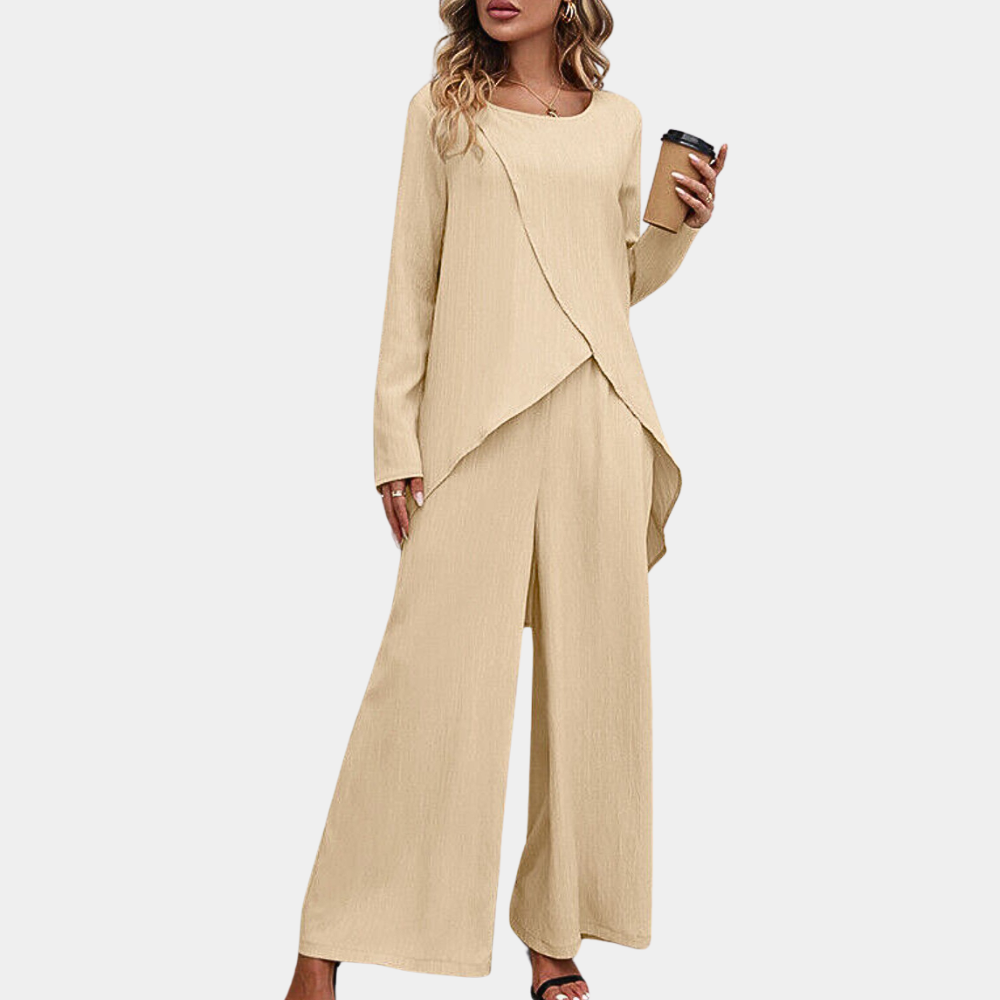 Women's black asymmetric blouse and wide-leg pants two-piece set with elegant relaxed silhouette