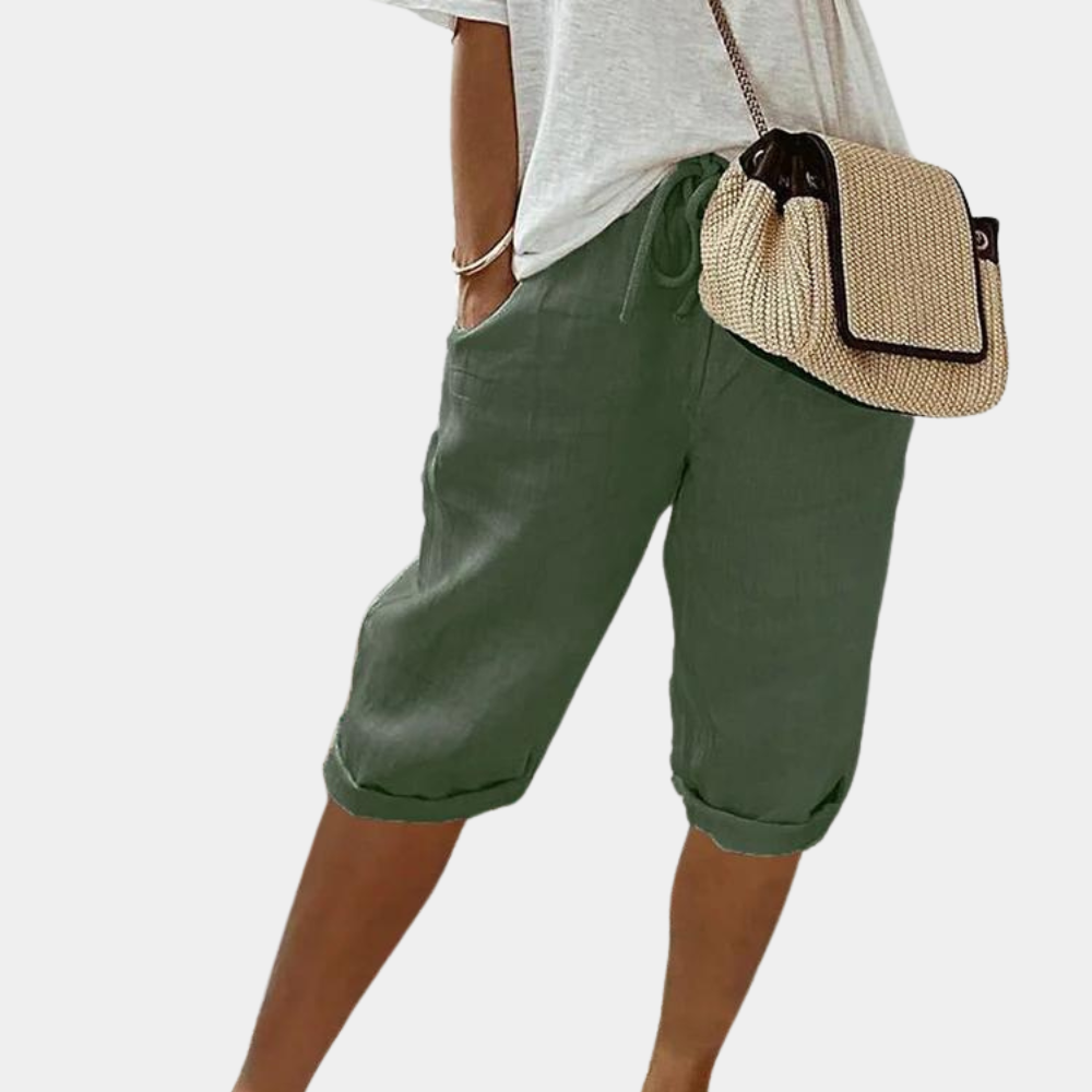 Women's knee-length relaxed fit shorts with adjustable waist, lightweight breathable fabric, side pockets