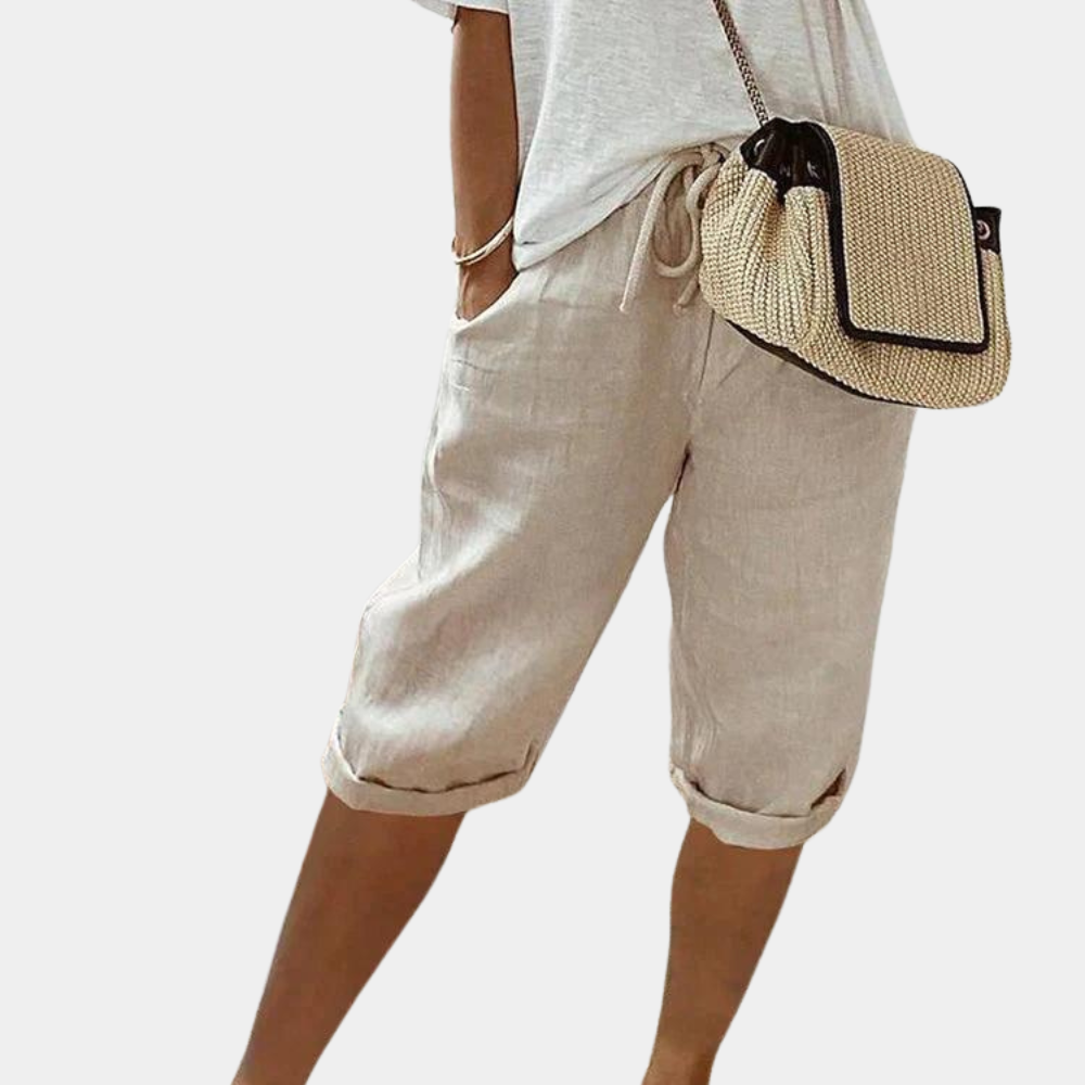 Women's knee-length relaxed fit shorts with adjustable waist, lightweight breathable fabric, side pockets