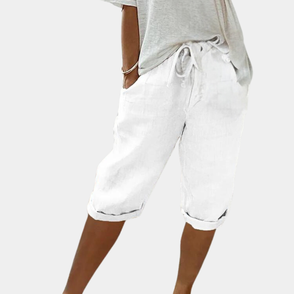 Women's knee-length relaxed fit shorts with adjustable waist, lightweight breathable fabric, side pockets