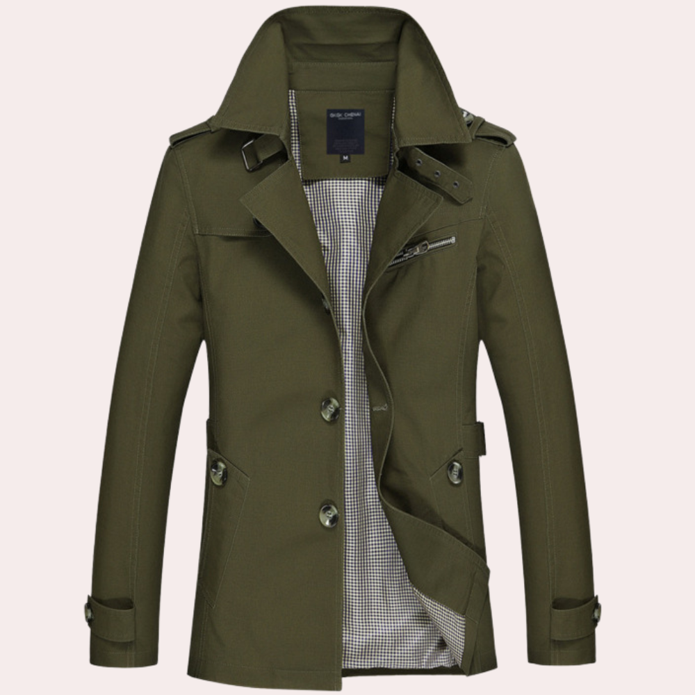 Men's slim fit double-breasted trench coat weatherproof outerwear modern tailored silhouette