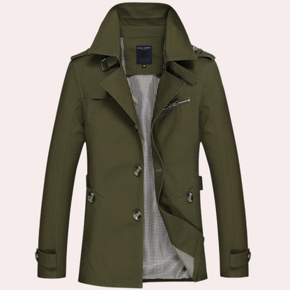 Men's slim fit double-breasted trench coat weatherproof outerwear modern tailored silhouette