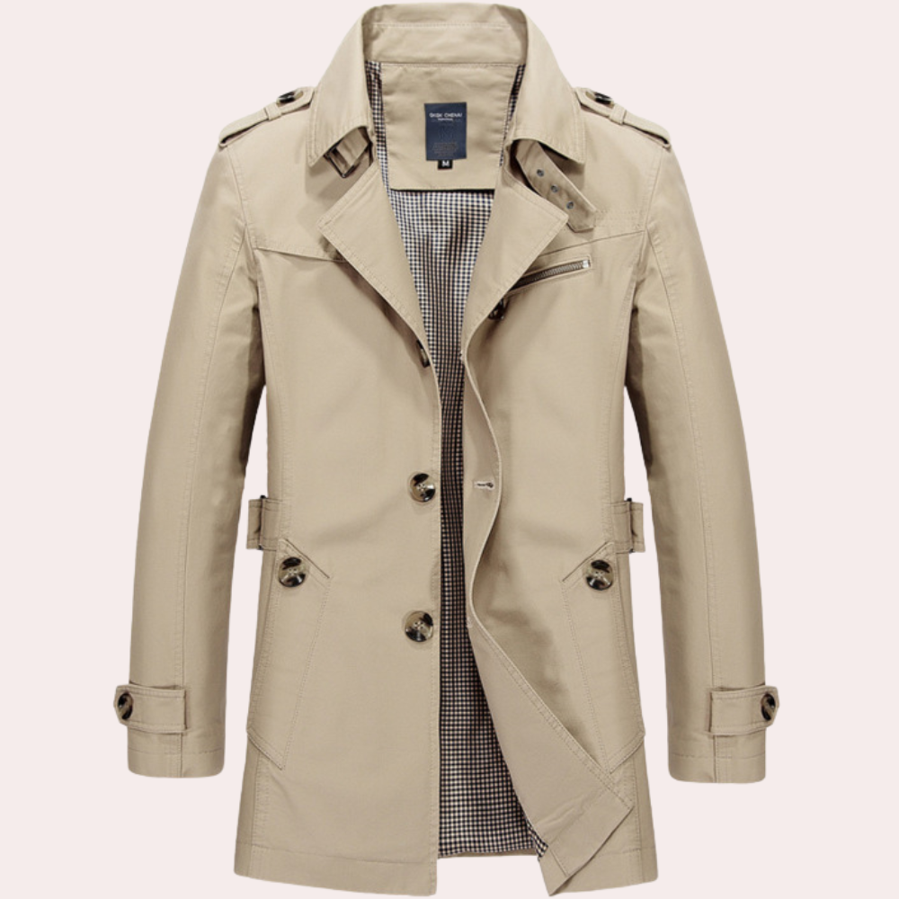Men's slim fit double-breasted trench coat weatherproof outerwear modern tailored silhouette