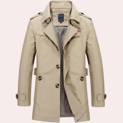 Men's slim fit double-breasted trench coat weatherproof outerwear modern tailored silhouette