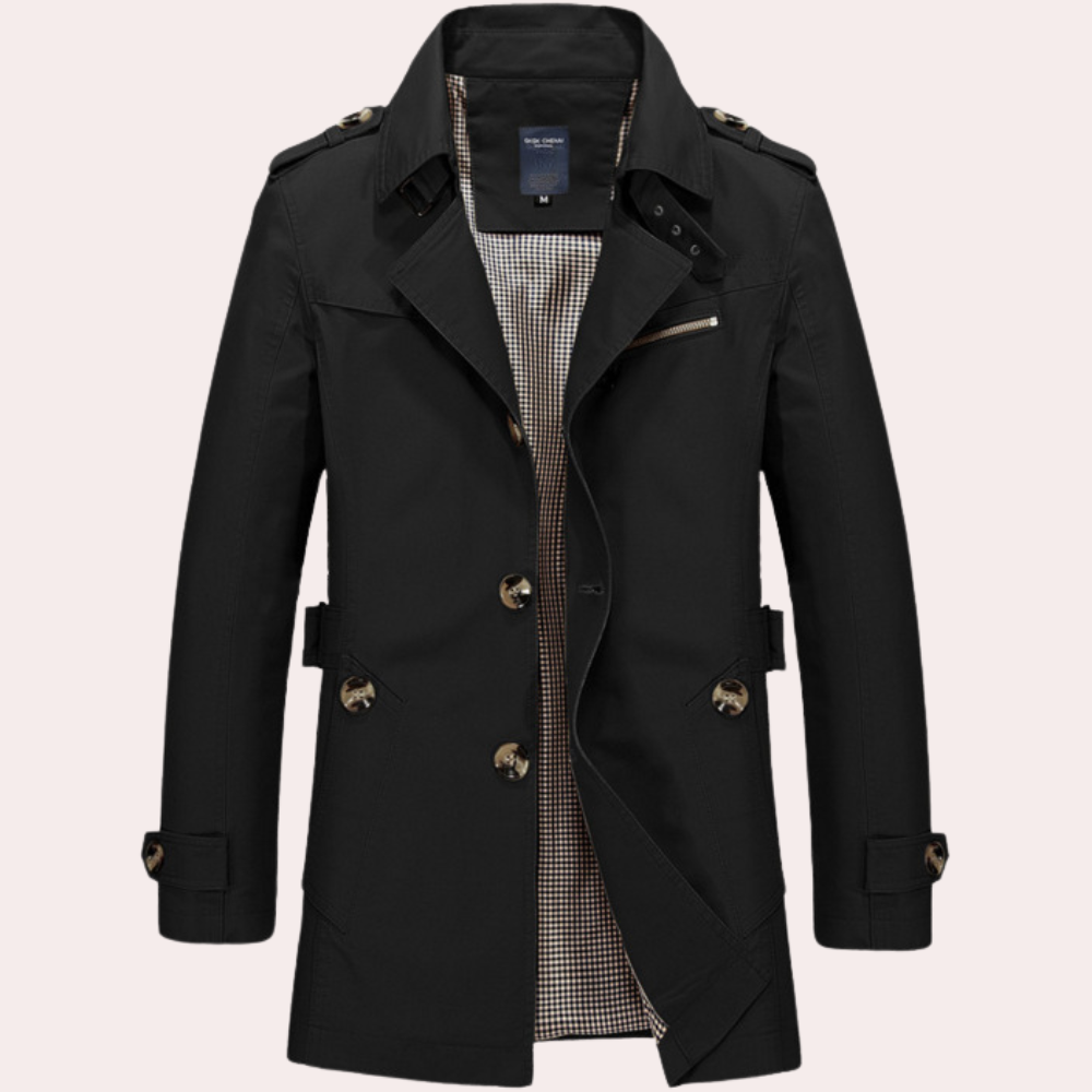 Men's slim fit double-breasted trench coat weatherproof outerwear modern tailored silhouette