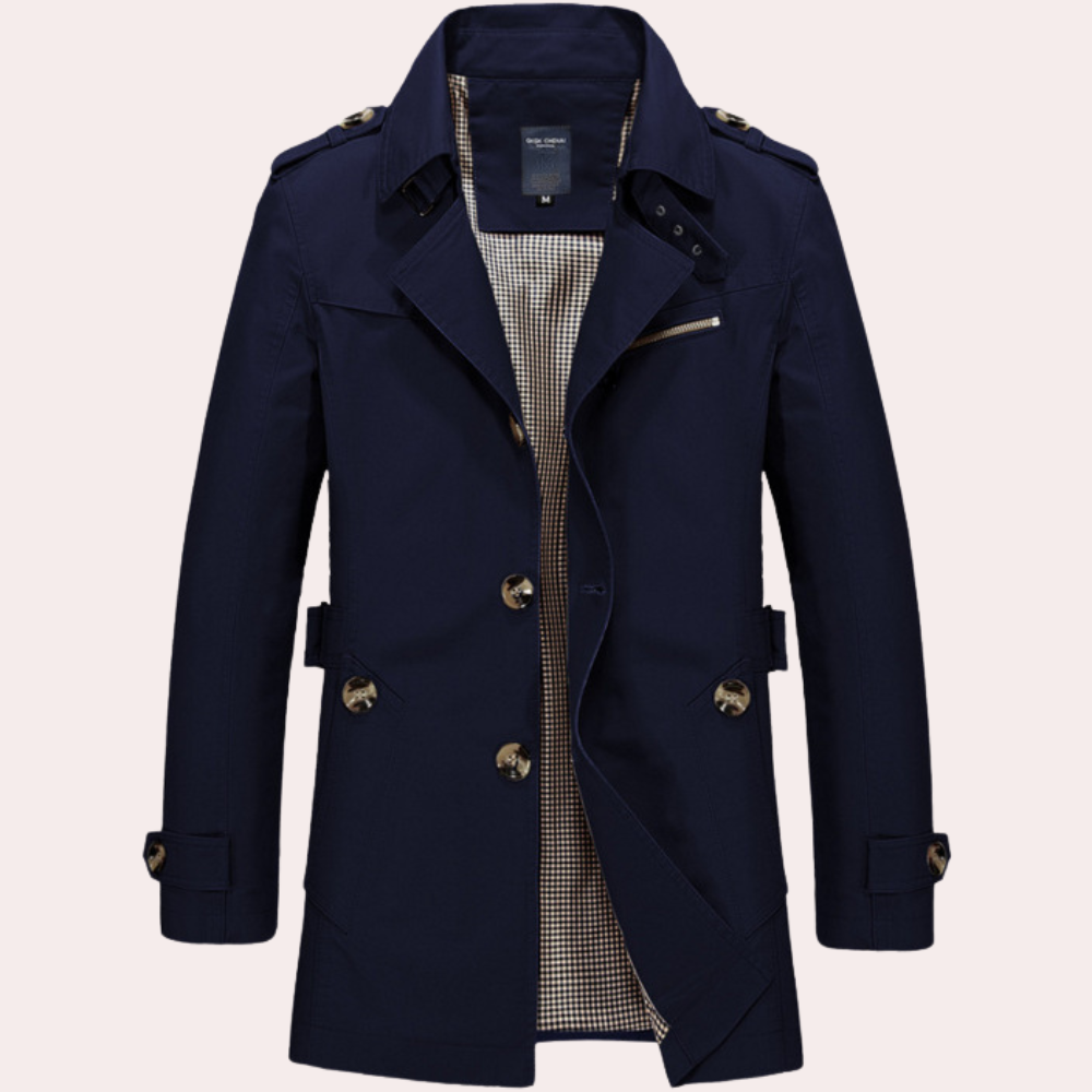 Men's slim fit double-breasted trench coat weatherproof outerwear modern tailored silhouette