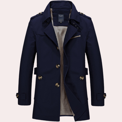 Men's slim fit double-breasted trench coat weatherproof outerwear modern tailored silhouette