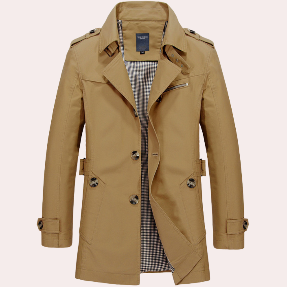 Men's slim fit double-breasted trench coat weatherproof outerwear tailored modern silhouette