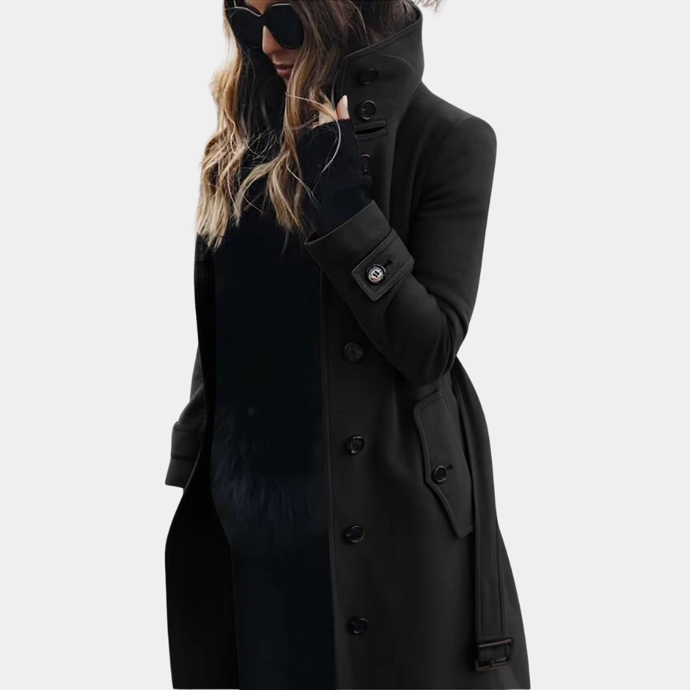 Women's tailored long coat in classic tones, double-breasted high-collar silhouette with flap pockets