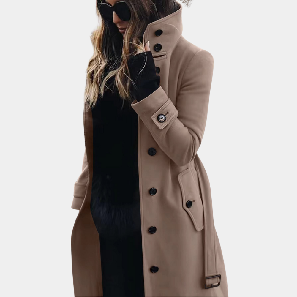 Women's tailored long coat double-breasted high collar structured silhouette flap pockets fall winter