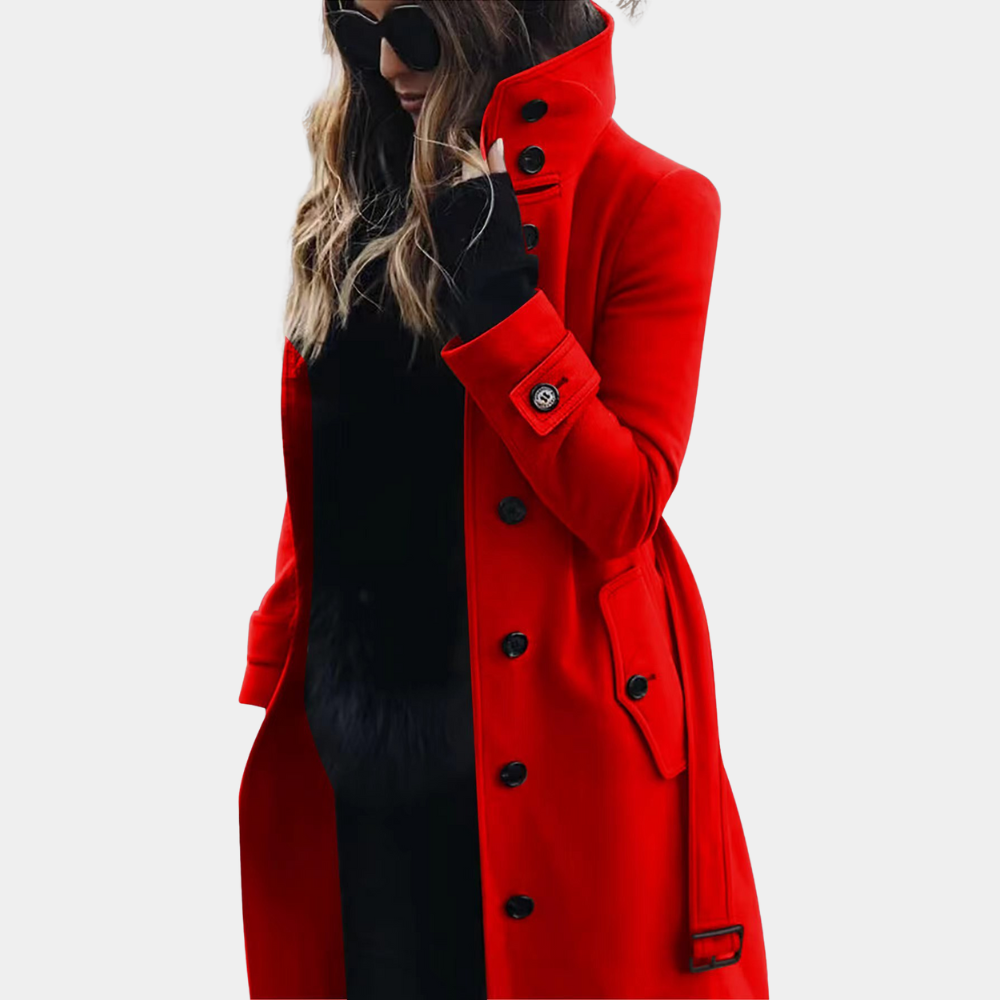Women's tailored long coat in neutral tone, double-breasted high-collar silhouette with flap pockets