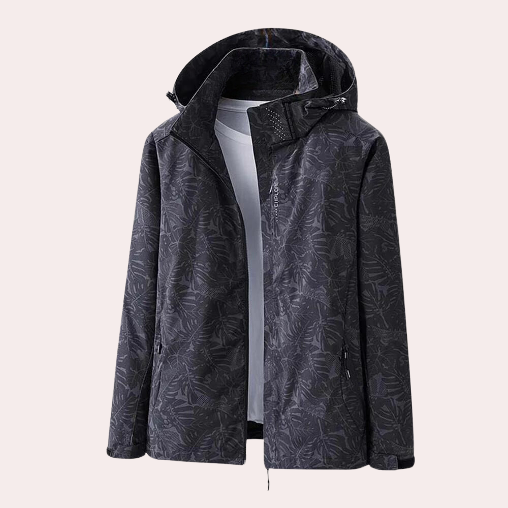 Women's lightweight patterned zip-up hooded rain jacket subtle all-over print streamlined fit daily commute
