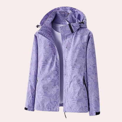 Women's patterned zip-up hooded rain jacket lightweight slim fit all-over print daily commute