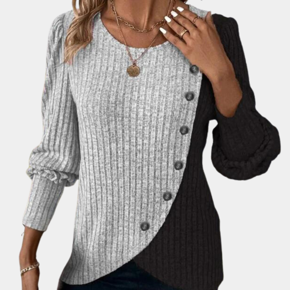Women's relaxed fit knit sweater asymmetric design with button detail long sleeve Nordic style