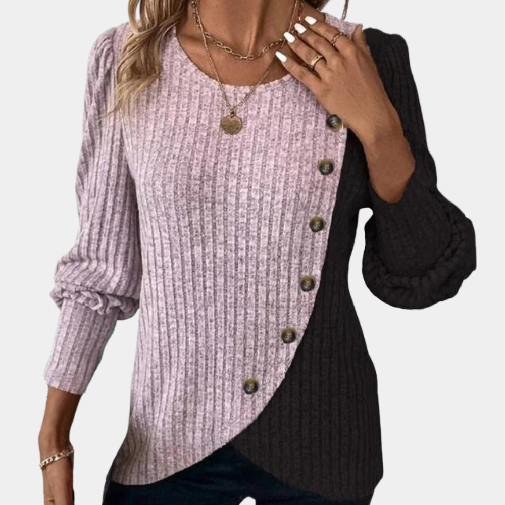 Women's relaxed fit knit sweater asymmetric design with button detail long sleeve Nordic style