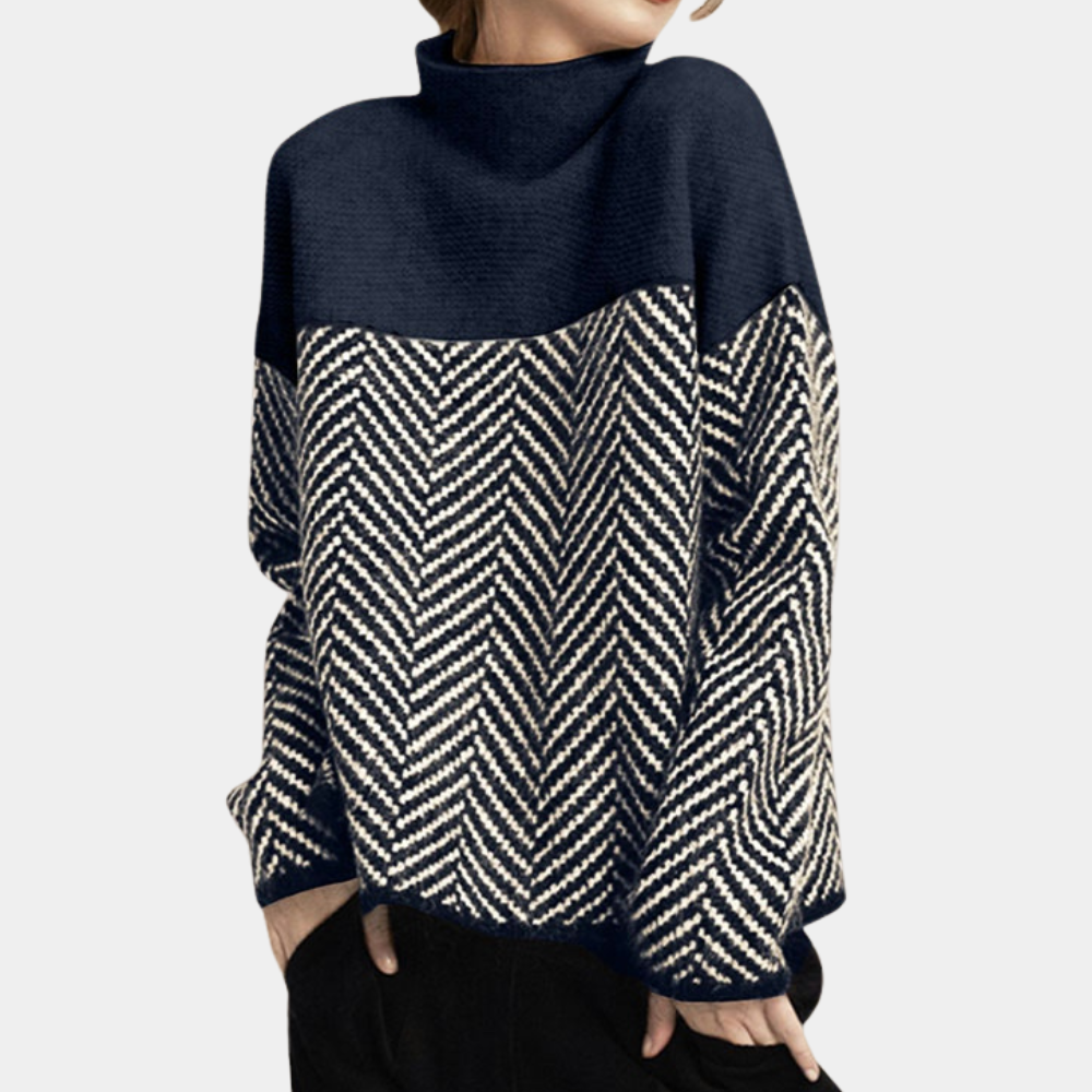 Ivory oversized turtleneck women's knit sweater wool blend herringbone pattern cozy Nordic style