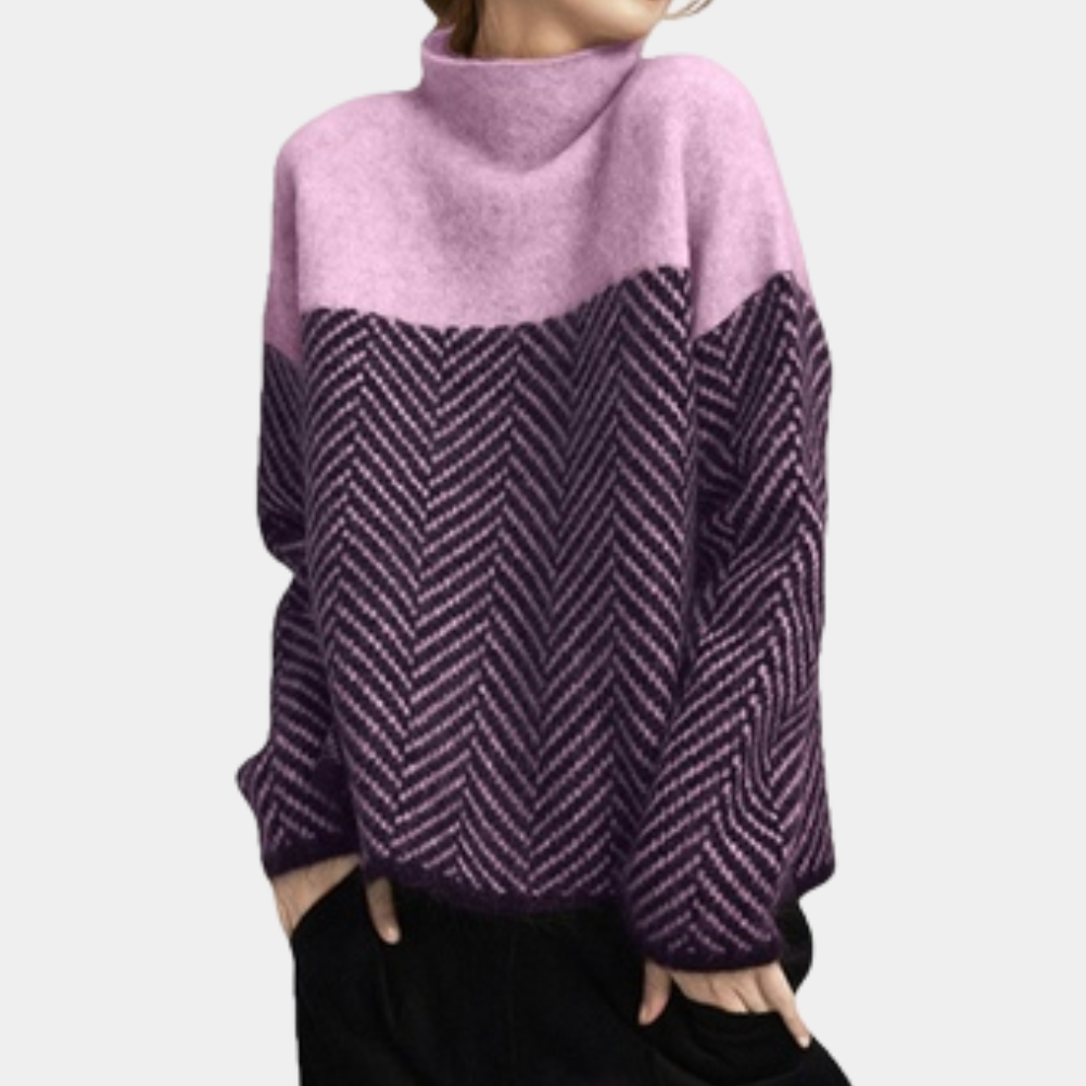 Women's cream oversized turtleneck knit sweater, wool blend with herringbone pattern