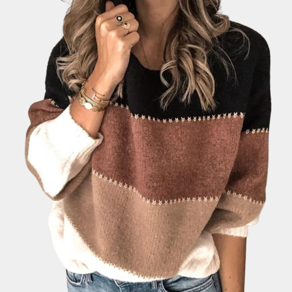 Women's relaxed-fit round neck knit sweater with long sleeves, soft everyday essential