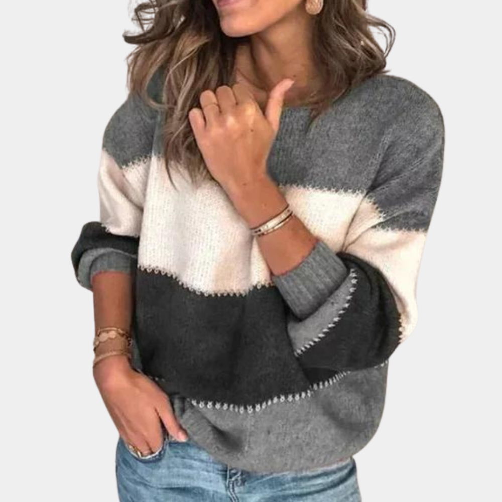 Women's relaxed fit round neck knit sweater with long sleeves, soft everyday essential