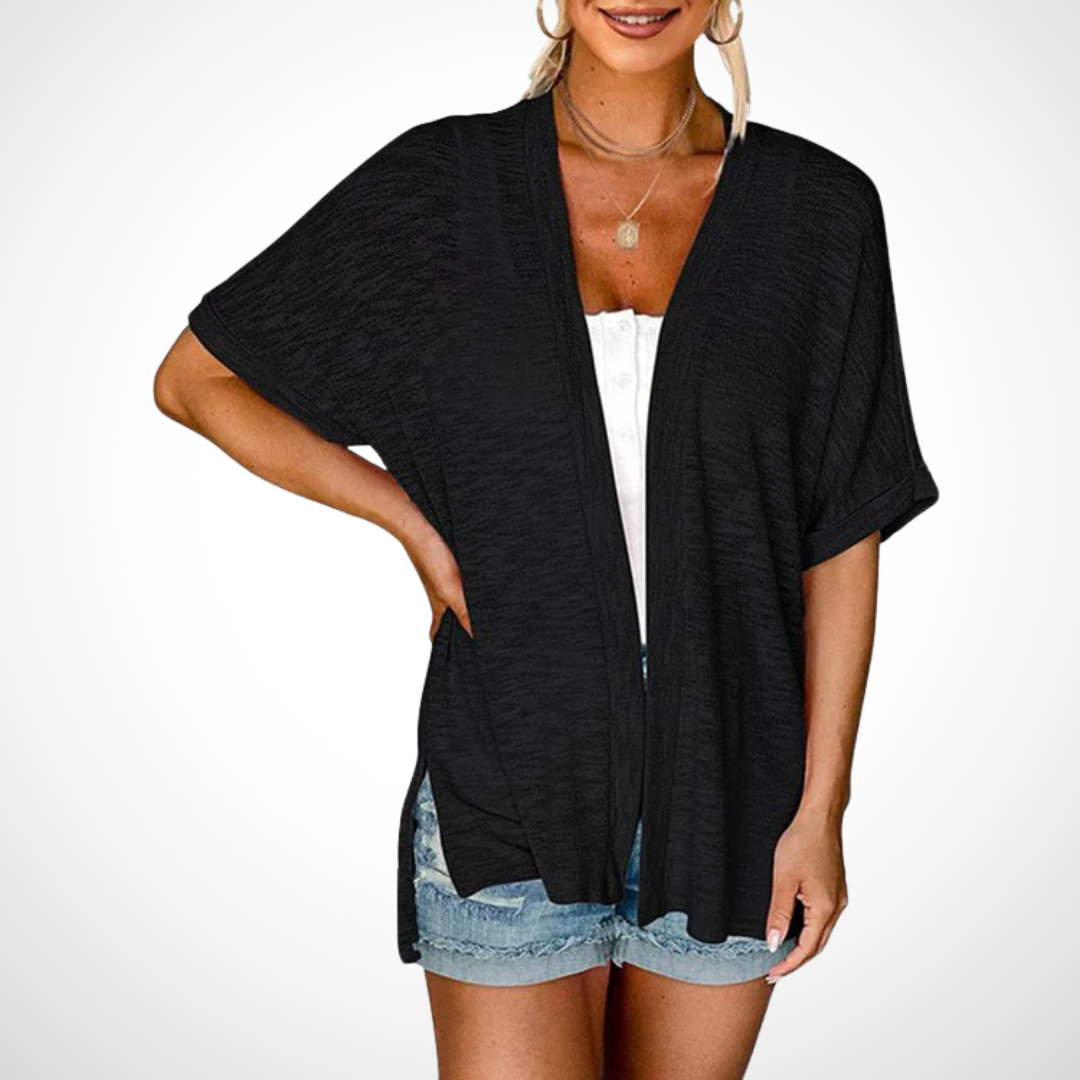 Flowy short sleeve cardigan lightweight elegant drape silhouette versatile warm-weather layering piece