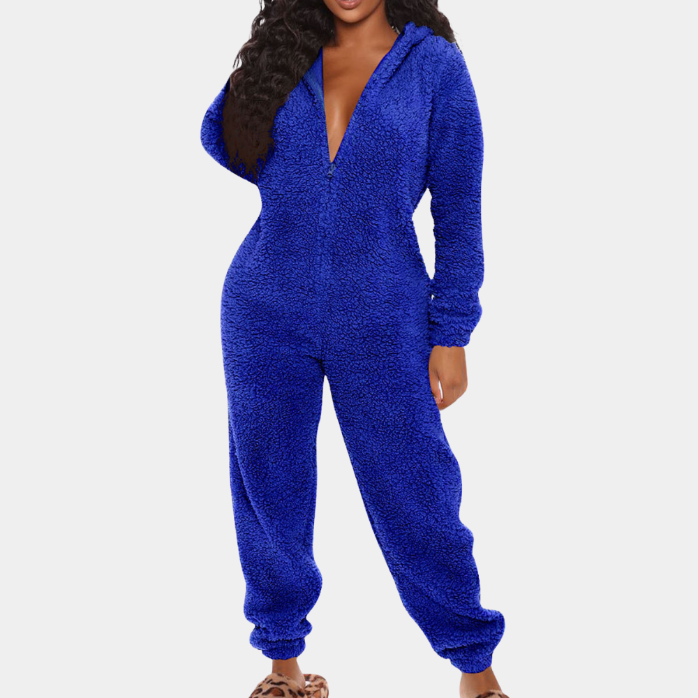 Women's gray fleece hooded jumpsuit long-sleeve cozy loungewear with kangaroo pocket