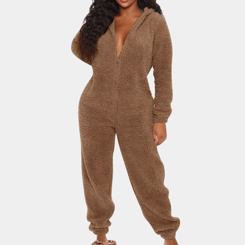 Women's grey hooded fleece jumpsuit long-sleeve cozy loungewear with kangaroo pocket