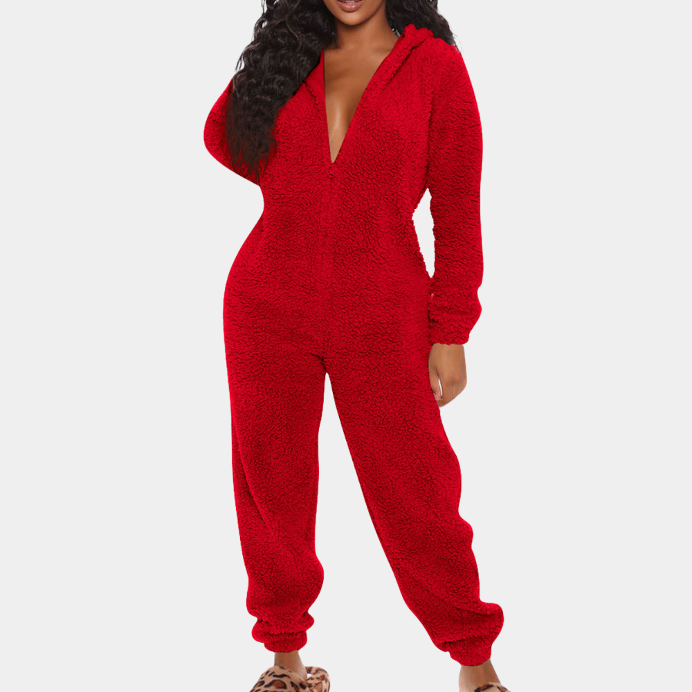 Women's gray hooded fleece jumpsuit long-sleeve cozy loungewear with soft relaxed fit
