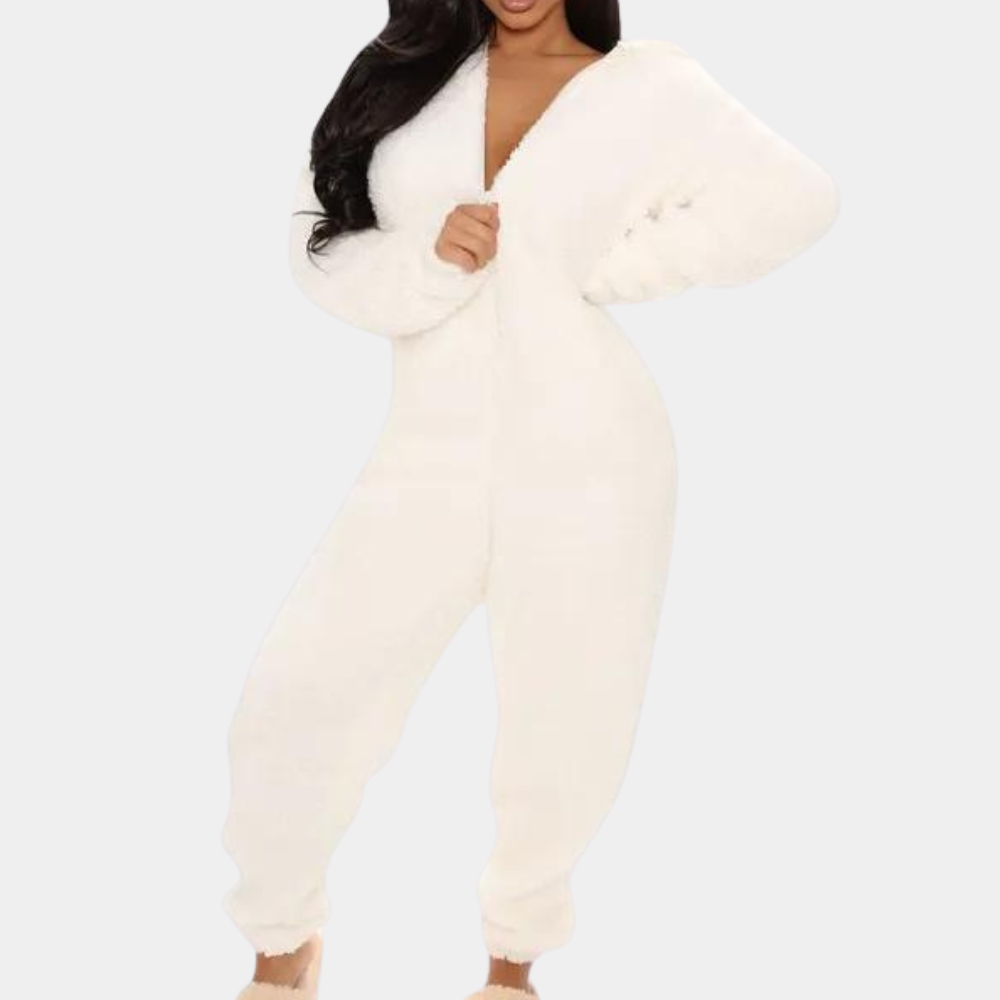 Women's gray hooded fleece jumpsuit long sleeve relaxed fit cozy loungewear with soft fabric