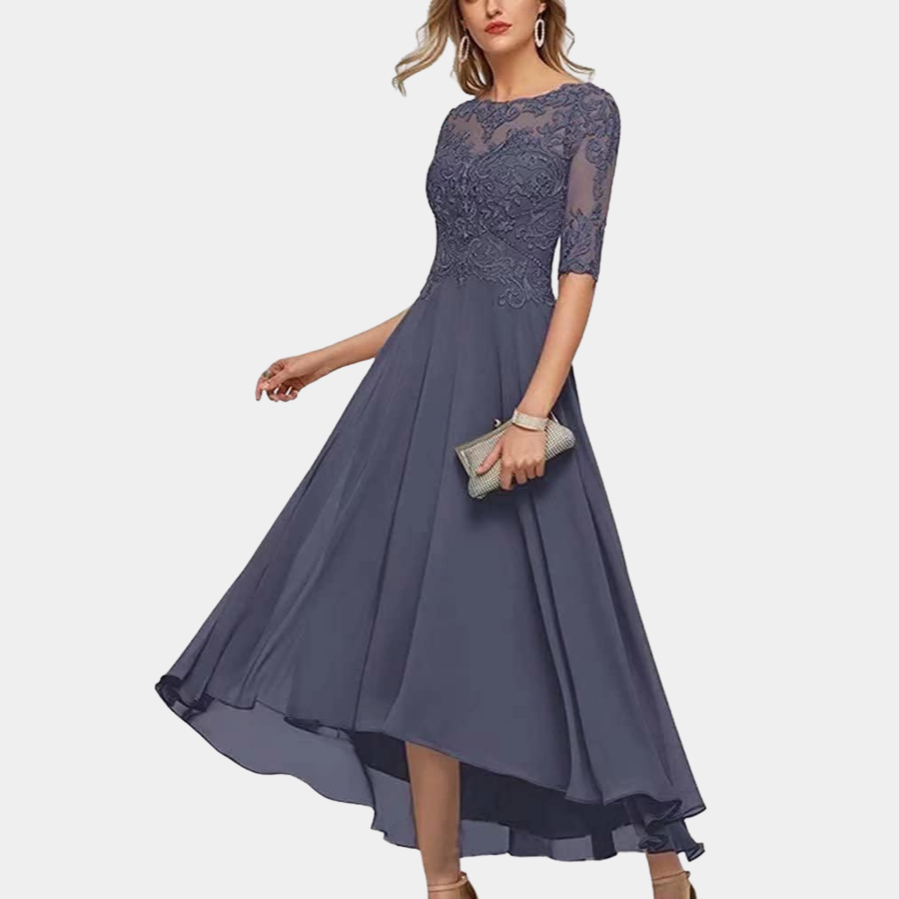 Women's floor-length A-line party dress with lace bodice, bateau neckline, and elegant 3/4 sleeves