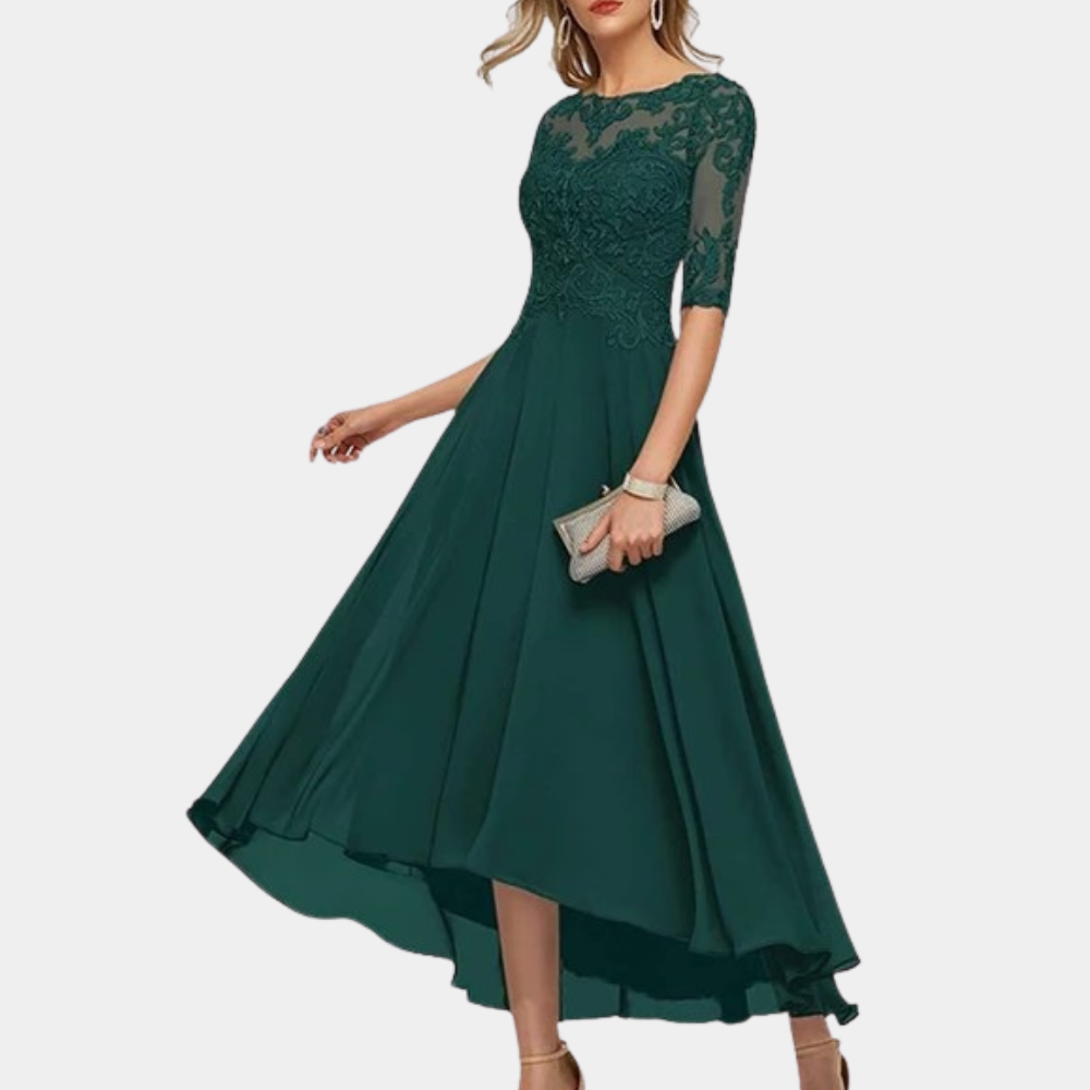 Women's floor-length A-line party dress in lace bodice, bateau neckline, and elegant 3/4 sleeves
