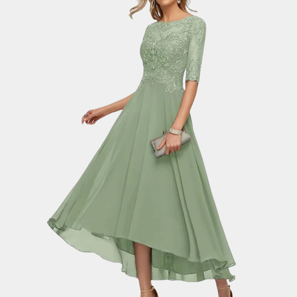 Women's floor-length A-line party dress, ivory lace bodice, bateau neckline, elegant 3/4 sleeves