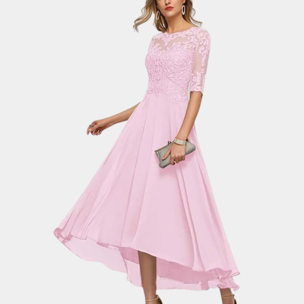 Women's floor-length A-line party dress in lace bodice, bateau neckline, and elegant 3/4 sleeves